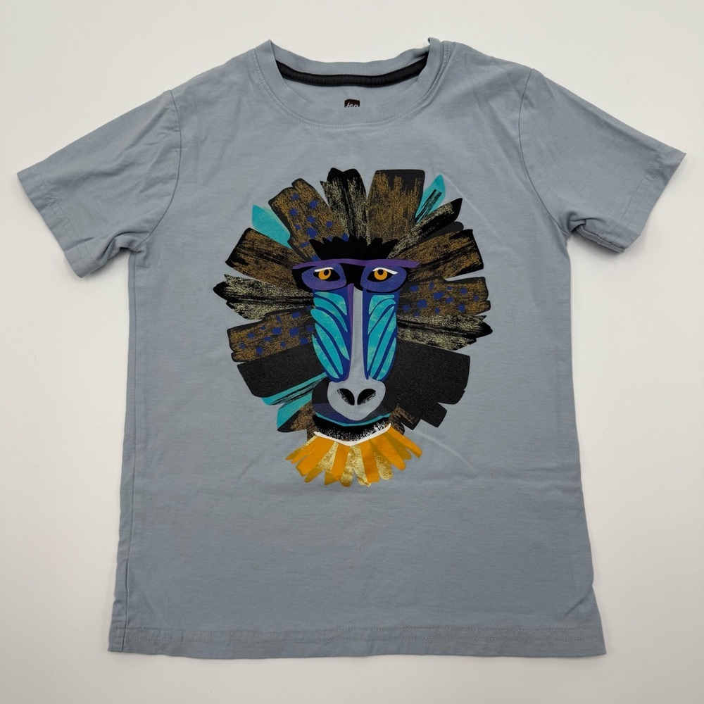 Tea Collection Boy’s Mandrill Monkey Graphic Tee Blue Fog 8 or 10 Cotton EUC